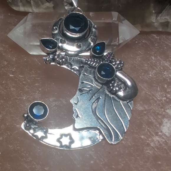Handcrafted Jewelry - Mystical Silver Moon Pendant with Tanzanite Gemstones Accents
